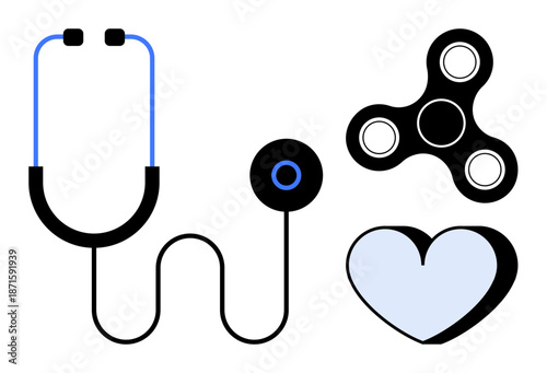 Healthcare, wellness, stress management, mental health, leisure, diagnostics. Stethoscope, spinner heart in flat modern style. Healthcare and stress management illustrated clearly
