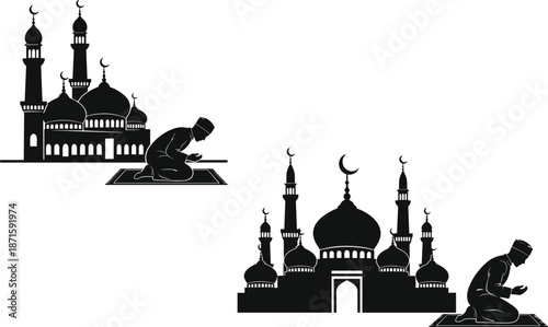 Mosque with praying figures silhouette, Islamic worship scene, spiritual gesture, religious architecture, black design, cultural symbol, devotion moment flat vector