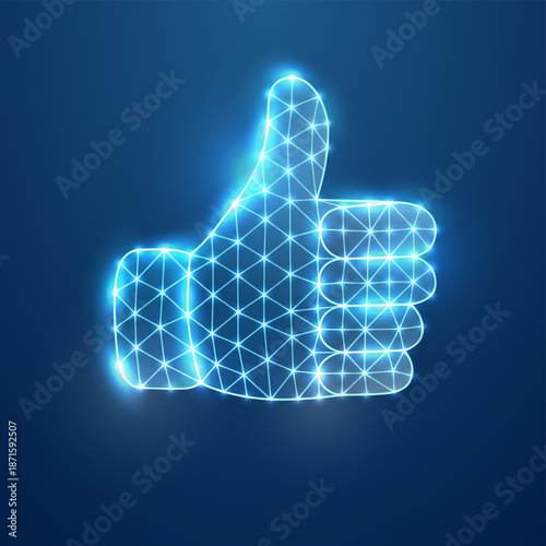Futuristic thumbs up hand gesture in glowing polygonal. Blue digital wireframe mesh with neon lights on dark tech background