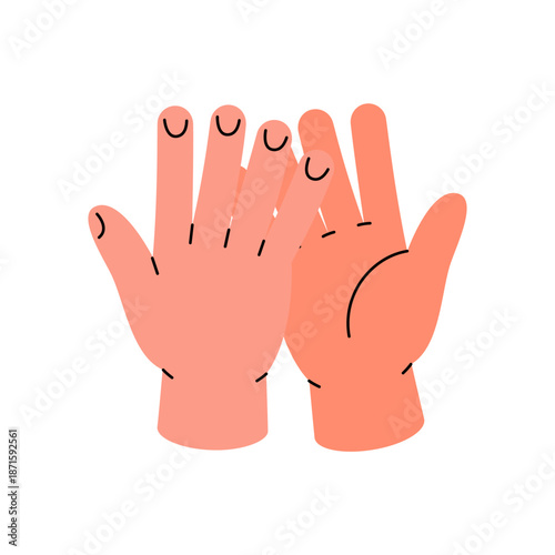 Two hands high fiving. Friendly vector gesture symbolizing greeting, celebration, or teamwork