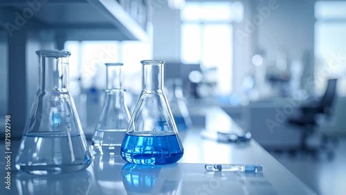 Laboratory glassware with blue liquid on a white table, science and research.