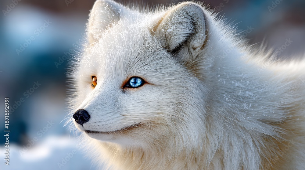 Obraz premium Ice Fox Close Up arctic fox close up snow winter wildlife portrait fluffy fur texture shallow depth of field natural lighting