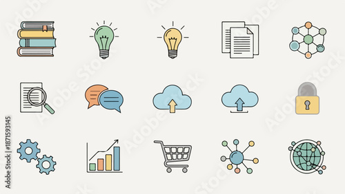 A collection of 12 colorful business-related icons