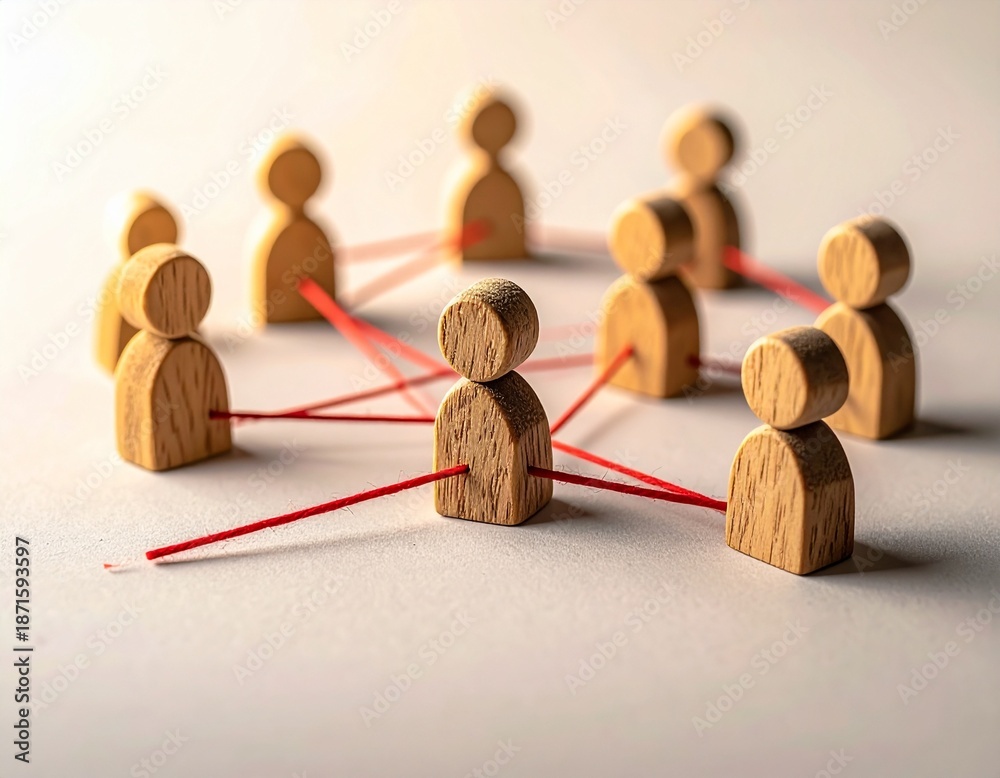 Obraz premium Business Network Connection Concept With Wooden People And Red Strings