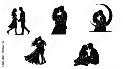 Romantic Couple Silhouette Set Love Kiss Hug Valentine Poses