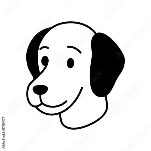 Smiling cartoon dog with floppy black ears and round face. Minimalist pet head vector design in black and white line art