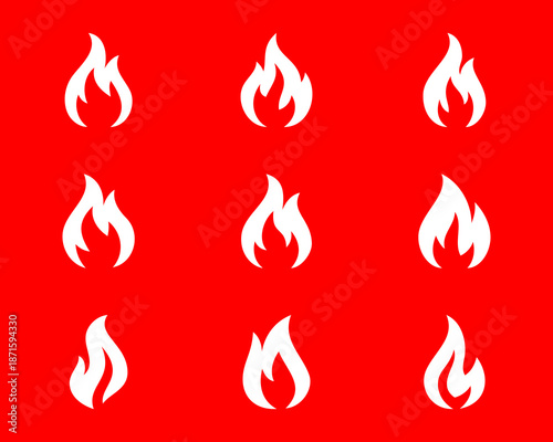 Set of 9 white flame icons on red background. Vector fire silhouettes for safety, hazard labels, energy, hot product and graphic design