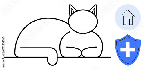 Pet safety, veterinary care, home security, animal welfare, minimalist design, pet insurance. Cat in line art style with home and health shield icons. Pet safety and veterinary care