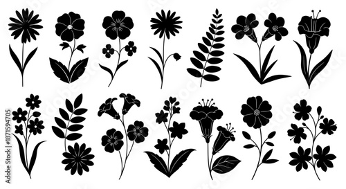 Collection of various black silhouette floral icons with different flower and leaf designs.