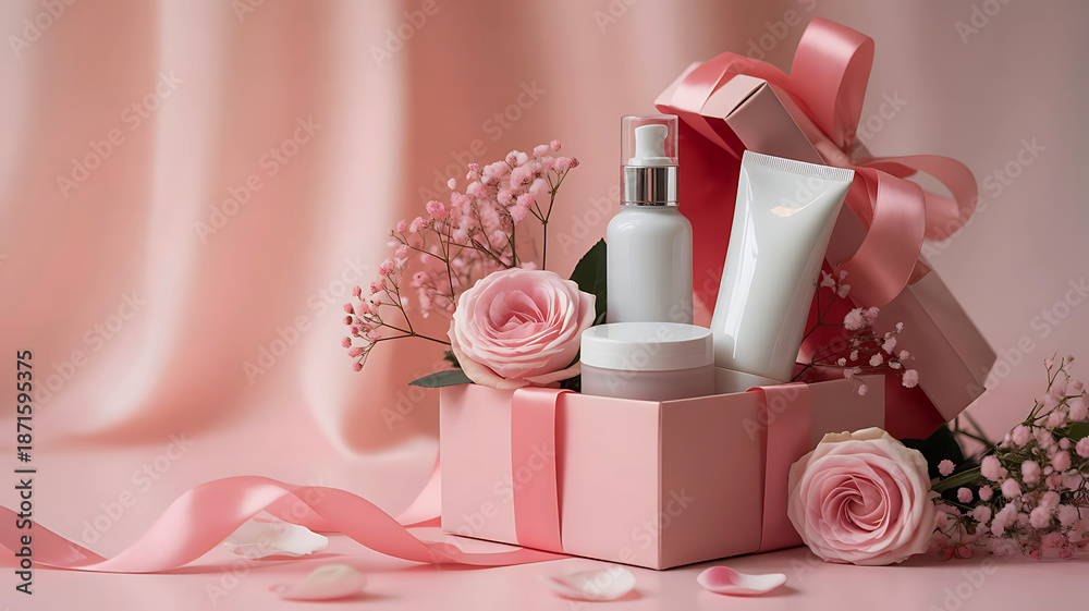 Obraz Romantic luxury skincare cosmetic gift set with red roses hearts and elegant box