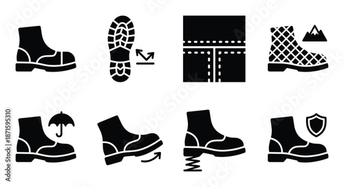 Boots properties and features icons set vector illustration for footwear technology