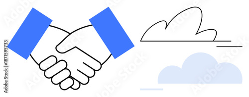 Partnership, collaboration, teamwork, trust, business agreement, cloud computing. Two hands shaking, cloud elements to the side. Partnership and collaboration in a modern context