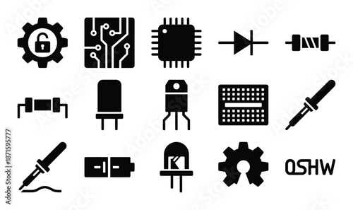 Electronic components vector icons set various circuit elements and other hardware symbols isolated