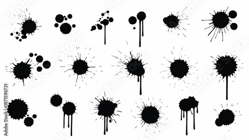 A collection of black ink splatters on white
