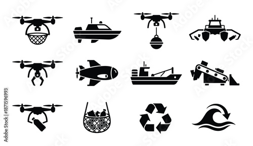 Set of ocean cleanup icons concept environment protection waste collection recycling process