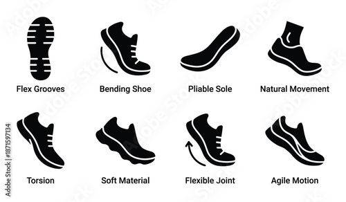 Shoes flexibility and motion icons set vector illustration for footwear properties concept