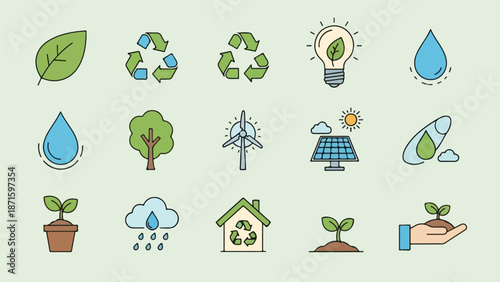 A collection of eco-friendly icons on a pale green background