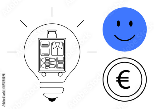 Travel concept. Travel through luggage, currency symbol, and a happiness icon, budget management and joyful experiences. For tourism, finance apps, travel tips, vacation savings planning