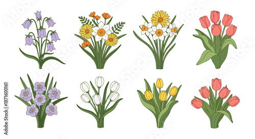 Collection of colorful spring flowers including tulips, daffodils, and bluebells in various arrangements.
