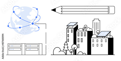 Renewable energy, global data sharing, eco-friendly design, urban sustainability, digital transformation, innovation. Servers, globe with network and buildings with solar panels. Renewable energy