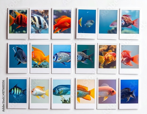 Colorful fish polaroid photo grid collection isolated on white wall ai