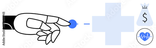 Robotic hand interacting with a digital interface featuring healthcare, finance, and medical technology concepts. Ideal for AI healthcare, fintech, automation, innovation, and future technology