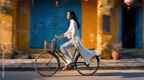 Woman riding bicycle in Hoi An