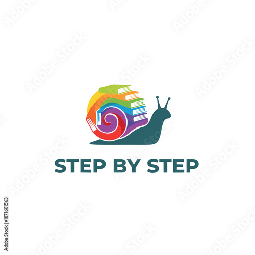 Snail Educational Logo with Colorful Books Shell for Step by Step Learning Progress