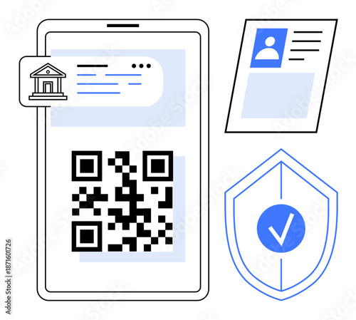 Digital security concept. Digital security ensures secure QR code authentication, ID verification, and protection for financial transactions. Digital security for banking, identity, cybersecurity