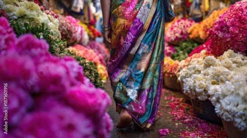 Indian woman walking through flower market