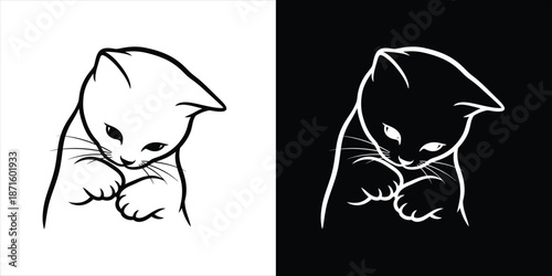 Cute Kitten Illustration in Black and White - Artistic Sketch