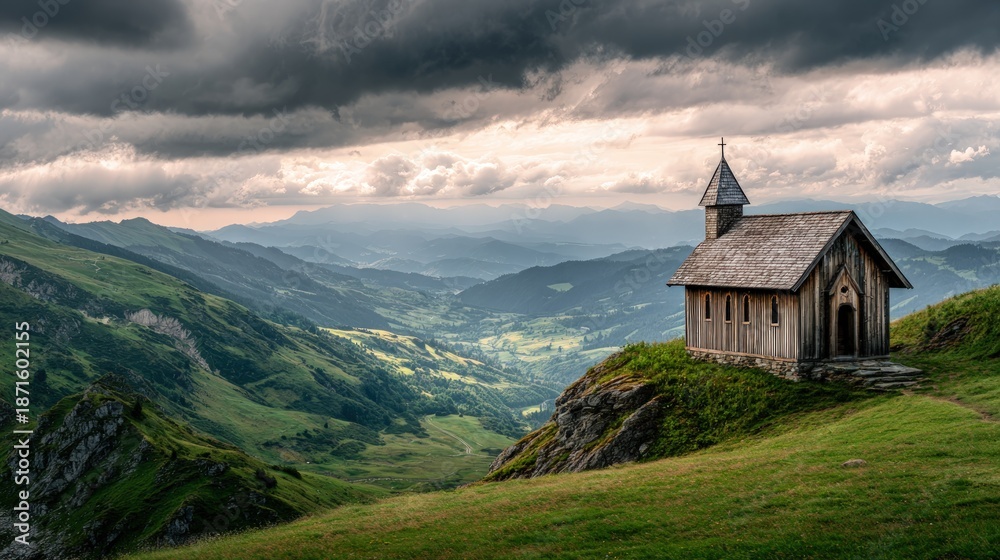 Fototapeta premium Alpine chapel overlooking mountain valley landscape