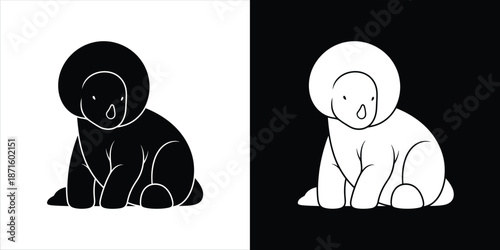 Minimalist graphic illustration of a cute, fluffy creature in contrasting black and white designs