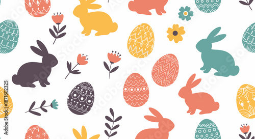 Seamless pattern featuring colorful rabbits, decorated eggs, and flowers on a white background.