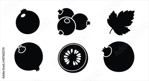 Stylized black fruit and berry silhouettes. Vector icon collection for healthy food design
