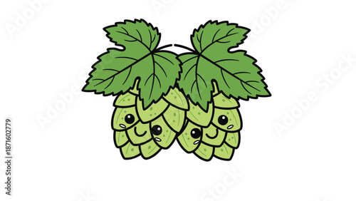 Adorable hand drawn cartoon hops characters with happy faces and green leaves representing brewing and craft beer culture.