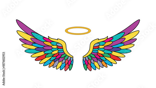 Vibrant rainbow colored feathered wings with a golden halo above them representing peace spirituality and divine light.