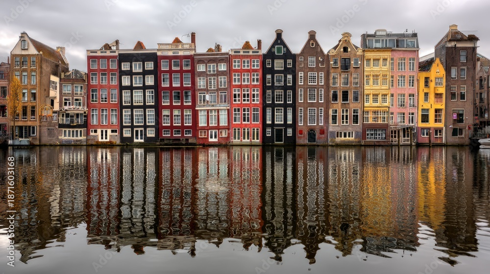Fototapeta premium Amsterdam canal houses reflection cityscape