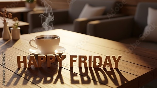Happy Friday Coffee Break on Wooden Table