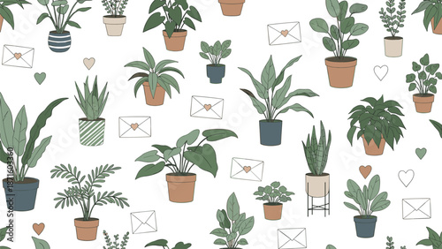 Charming seamless pattern featuring various potted indoor plants hearts and tiny envelopes on a clean white background for decor.