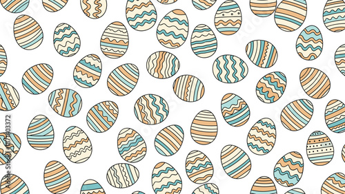 Playful seamless pattern of numerous colorful easter eggs with various stripe and wave patterns on a bright white background.