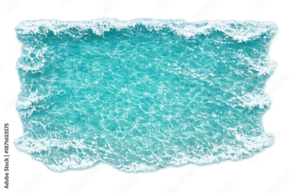 Fototapeta premium Clear ocean water surface with small waves, light reflections, and white foam on transparent background
