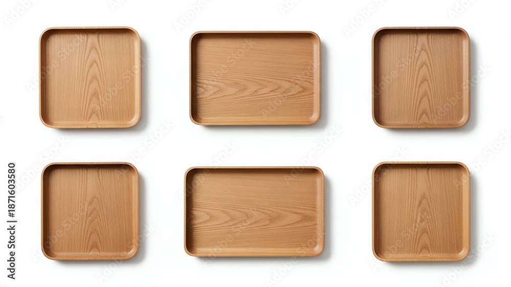 Fototapeta premium Collection of six natural wooden serving trays in various rectangular shapes, isolated on a white background.