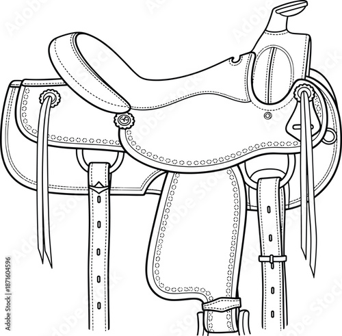 Western horse saddle line art illustration, equestrian equipment vector drawing for coloring book, leather ranch gear isolated on white background