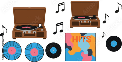 Vintage record player vector set featuring retro brown turntable vinyl discs musical notes and colorful album cover for audio and music themed design.