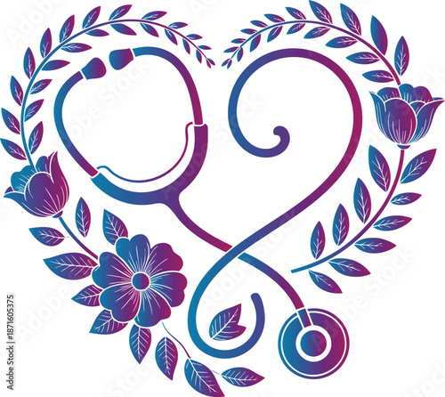 Stethoscope heart with floral design isolated on transparent background symbolizing healthcare and love
