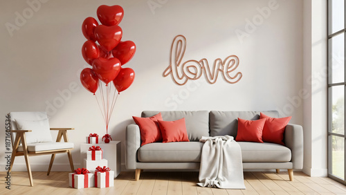 A cozy living room with love decoration and red balloons on Valentine's Day