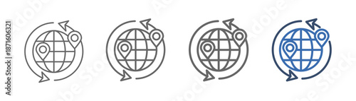 
Global mobility outline icon set with globe, map and semicircular up and down arrows design
