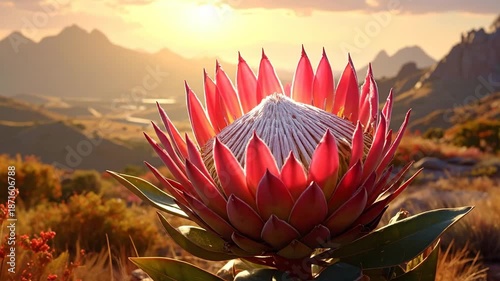 Majestic protea flower in full bloom, basking in the warm glow of the setting sun.
