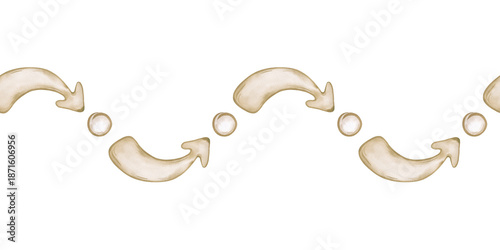 A seamless infographic-style pattern in vintage beige tones. An endless horizontal border expressing the forward movement of arrows from point to point. Hand-drawn watercolor illustration